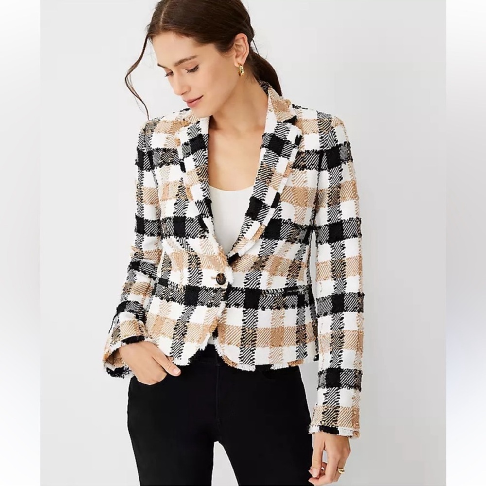 Plaid Women's Blazer - Black, White, Tan Ann Taylor petite